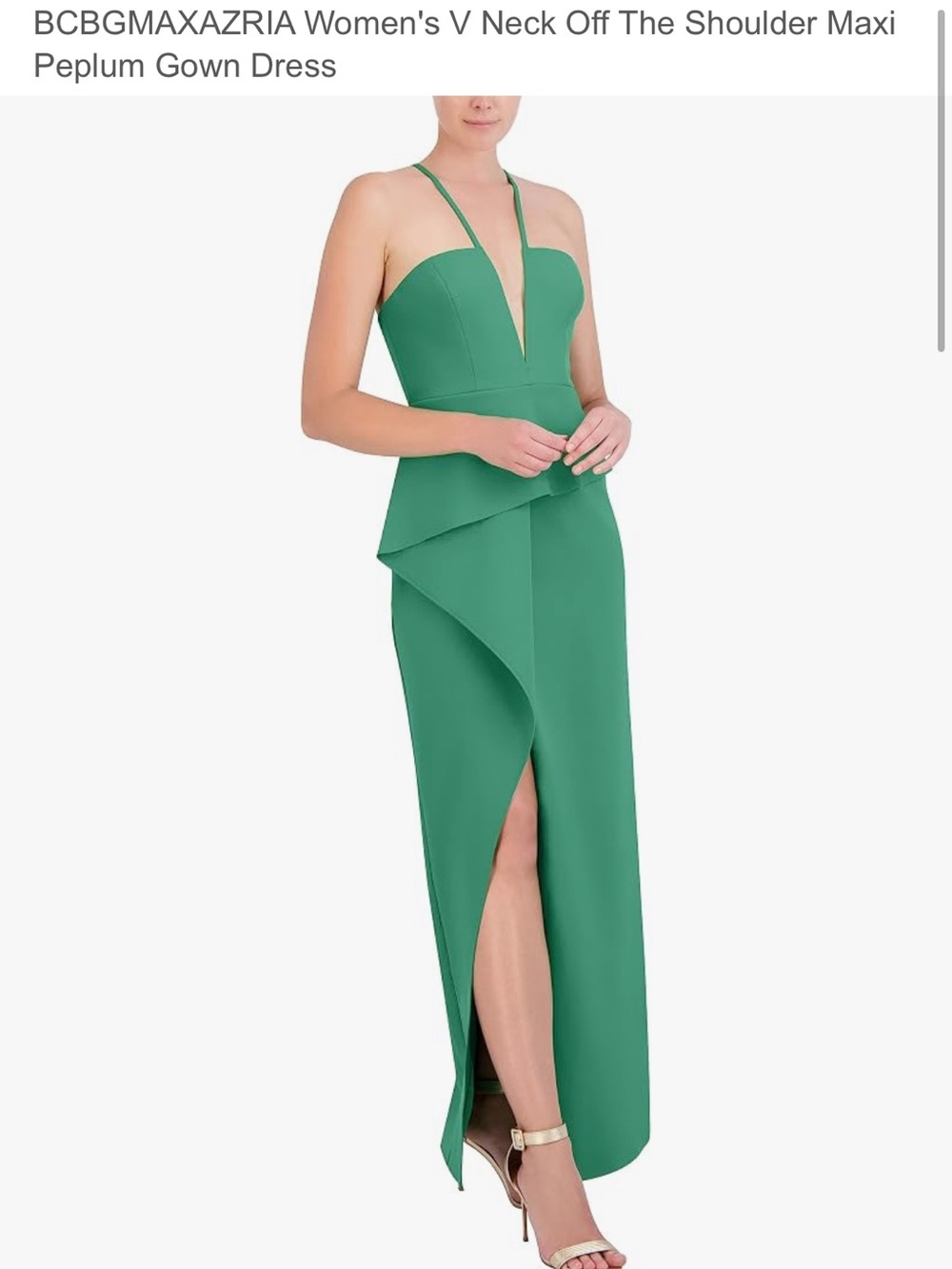 BCBGMaxAzria Green Plunge V-Neck Peplum Maxi Dress